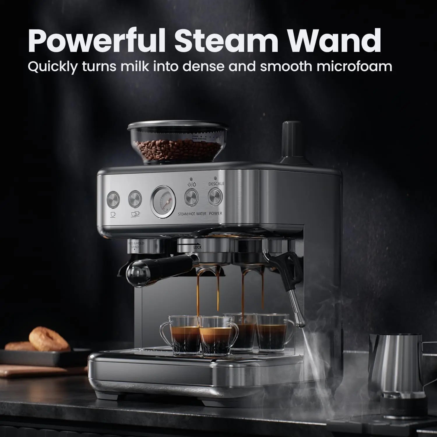 Towallmark espresso machine with grinder, 15 bar, PID control, 250g bean hopper, 360° steam wand, 2.3 L water tank,...