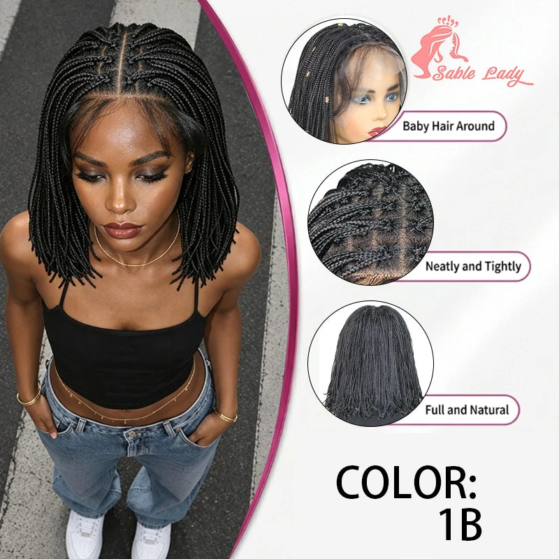 12" Short Braided Lace Front Wigs for Black Women Shoulder Length Bob Box Braids Synthetic Wig Heat Resistant with Baby Hair