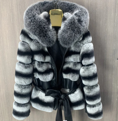 Real Rabbit Fur Coat for Women, 100% Real Rabbit Fur, Monochrome Color Hood, Thickened Warm with Zipper Design, New, Winter, 202