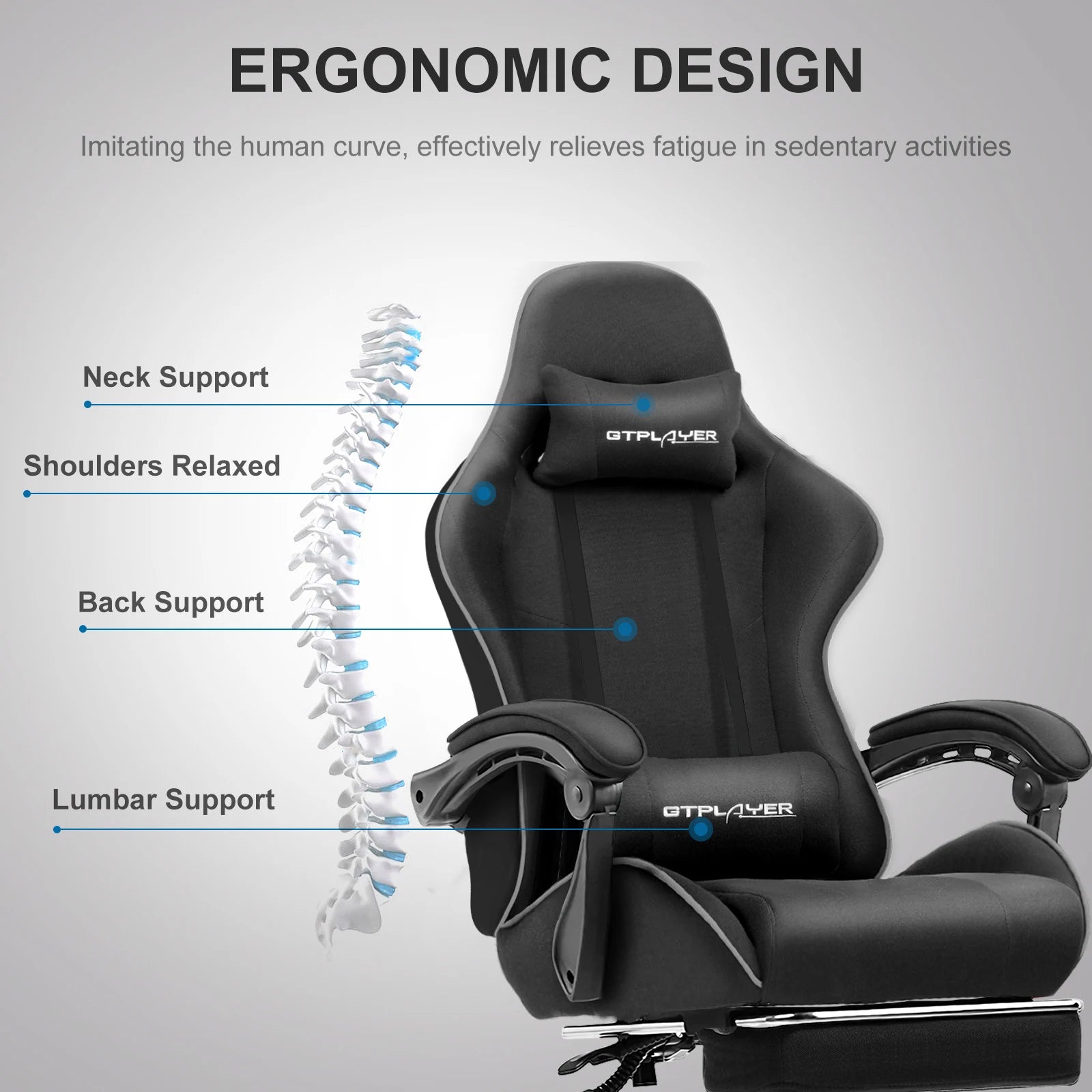 GTPLAYER Gaming Chair with Footrest, Lumbar Support, Adjustable Height, Swivel, Headrest for Office/Gaming | Kimlud...