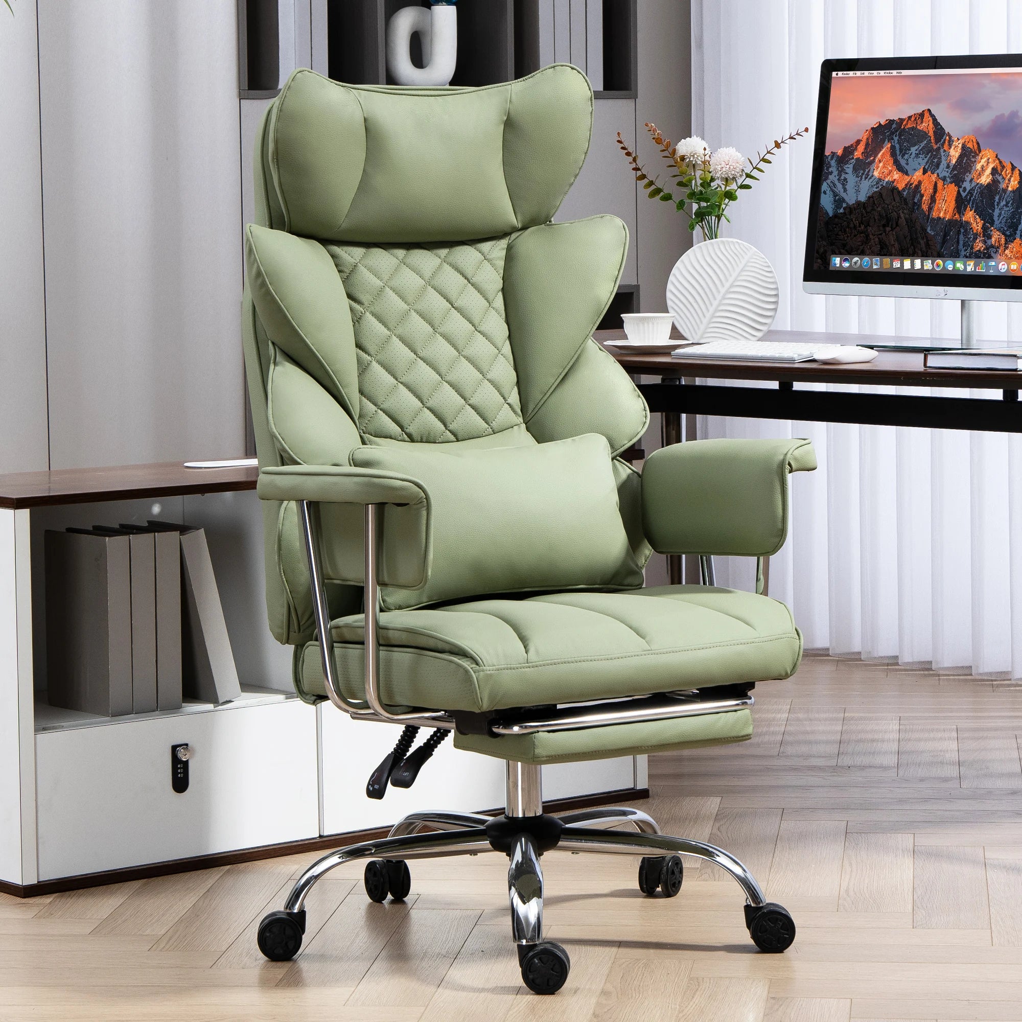 Adjustable executive chair, comfortable real leather gaming chair, height adjustable swivel chair with footrest (green)...