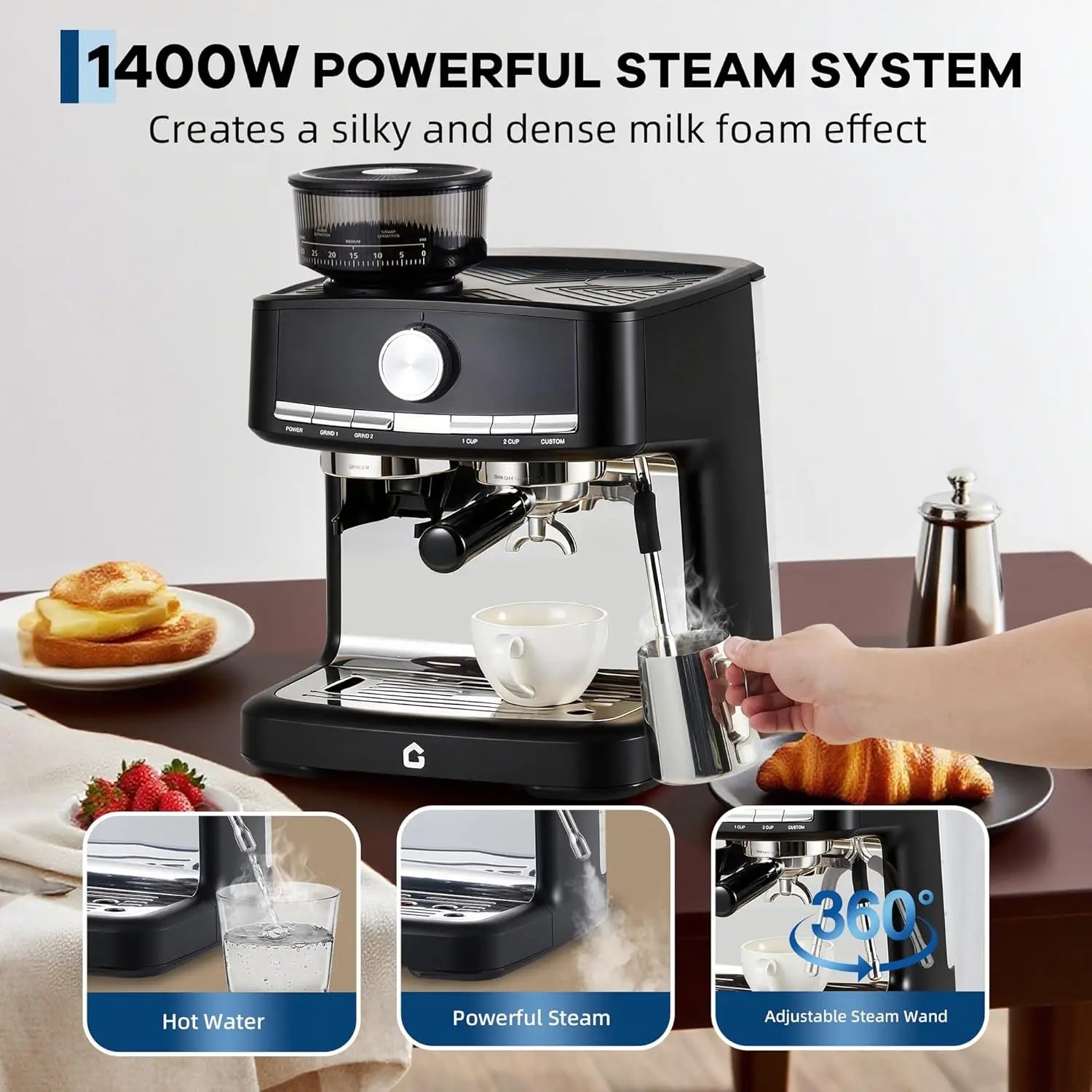 HiMISS 15 Bar Espresso Machine with Milk Frother and Grinder, 30 grind setting, Cappuccino & Espresso Coffee Maker |...