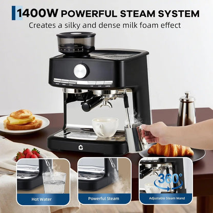 HiMISS 15 Bar Espresso Machine with Milk Frother and Grinder, 30 grind setting, Cappuccino & Espresso Coffee Maker |...
