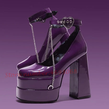 Heart Buckle Platform Chunky Heels Sandals Women Metal Chain Lovely Round Toe Girl's Shoes Luxury Party Summer Dress Sandals - Kimlud