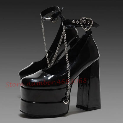 Heart Buckle Platform Chunky Heels Sandals Women Metal Chain Lovely Round Toe Girl's Shoes Luxury Party Summer Dress Sandals - Kimlud