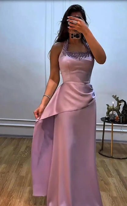 Ofherown Purple Rhinestone Beaded Satin Prom Gown Halter Formal Evening Dress Women Bodycon Party Dress 2026 New Customized