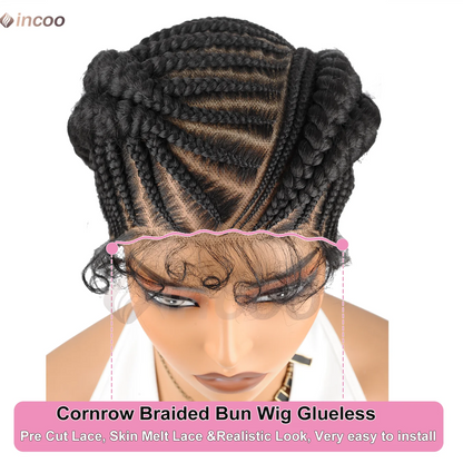 Short Cornnrow Braid Wigs Buns Glueless For Black Women Synthetic HD Full Lace Wig Neat Braids Wig African Protective...