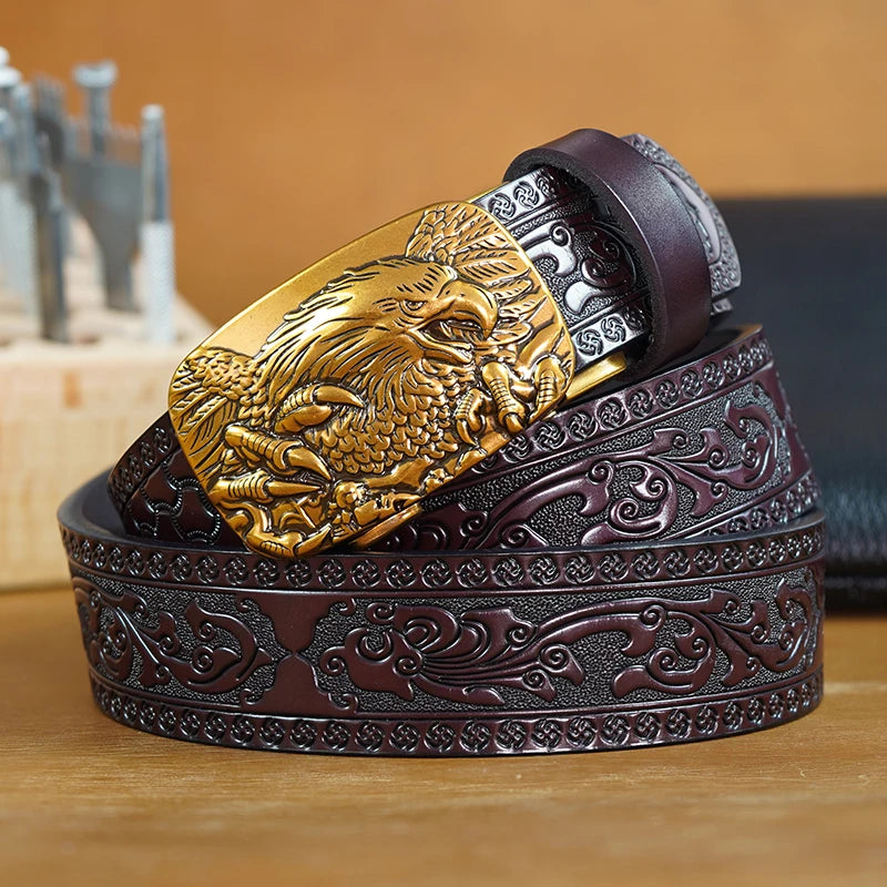 1pc Men's Second Layer Cowhide Belt featuring Eagle Automatic Buckle, Retro Carved Design, Stylish Jeans Belt