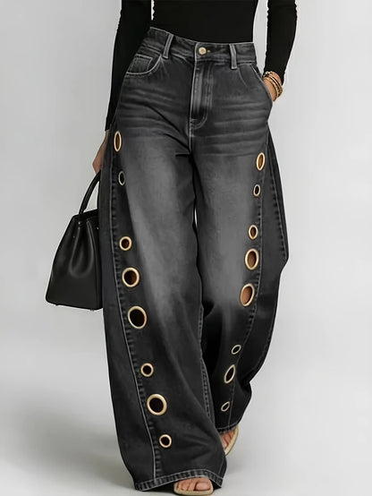 Retro-style wide-leg jeans with metallic eyelets, high-waisted, loose, floor-length fit, gradient eyelets of varying...