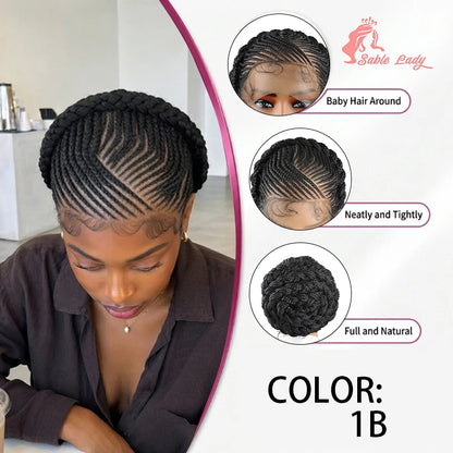 Goddess Crown Braided Wig Updo Stitch Cornrow Braids Wig HD Lace Front Glueless Braided Wigs With Bun For Black Women Baby Hair