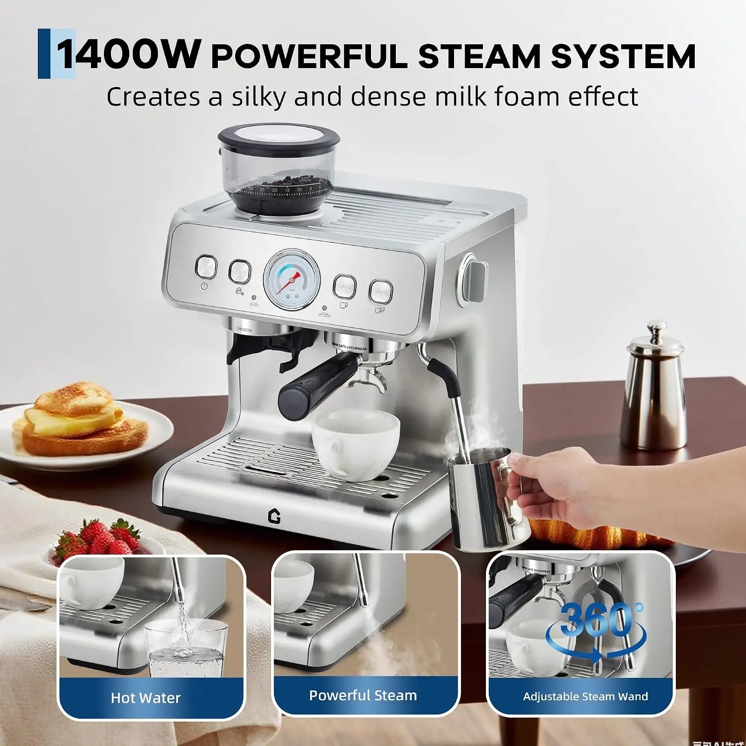 Coffee machine with conical burr grinder – 20 Bar pressure, 30 grind settings, 2.8L water tank, steam wand for milk...
