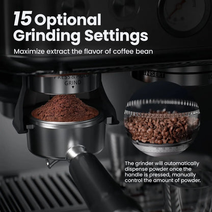 Towallmark espresso machine with grinder, 15 bar, PID control, 250g bean hopper, 360° steam wand, 2.3 L water tank,...