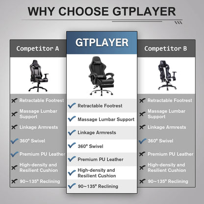 GTPLAYER Gaming Chair with Footrest, Lumbar Support, Adjustable Height, Swivel, Headrest for Office/Gaming | Kimlud...
