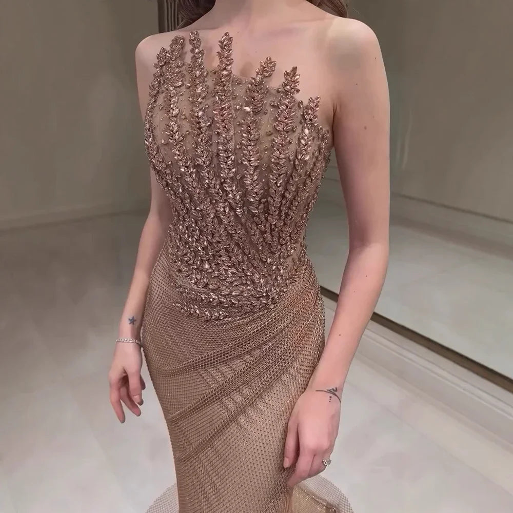 Sharon Said Stunning Crystal Dubai Caramel Mermaid Evening Dress with Slit for Luxury Wedding Prom Party Gowns SS528 Customized - Kimlud