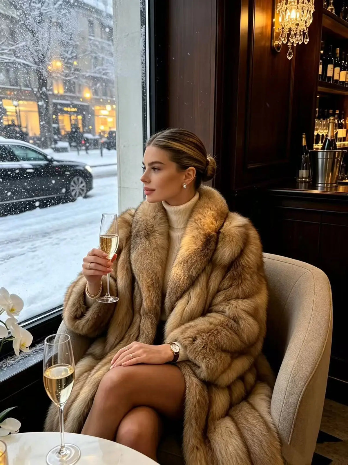 26SS Women Beige Fluffy Faux Fur Long Coat Wide Lapel Luxury Warm Winter Outerwear