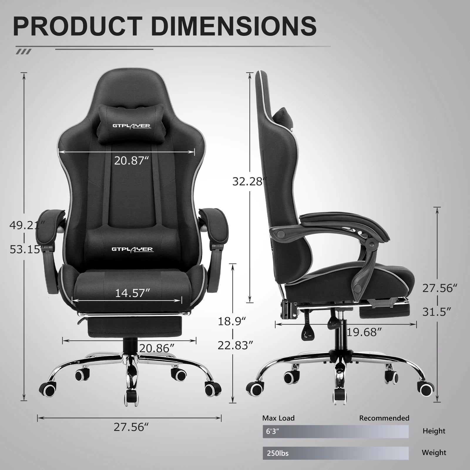GTPLAYER Gaming Chair with Footrest, Lumbar Support, Adjustable Height, Swivel, Headrest for Office/Gaming | Kimlud...
