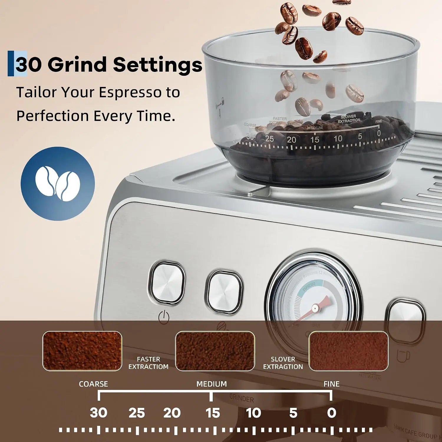 Coffee machine with conical burr grinder – 20 Bar pressure, 30 grind settings, 2.8L water tank, steam wand for milk...