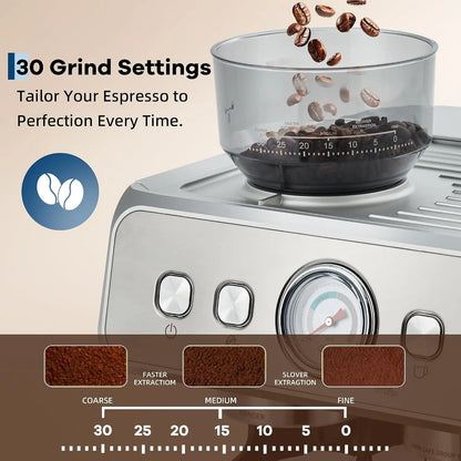 Coffee machine with conical burr grinder – 20 Bar pressure, 30 grind settings, 2.8L water tank, steam wand for milk...