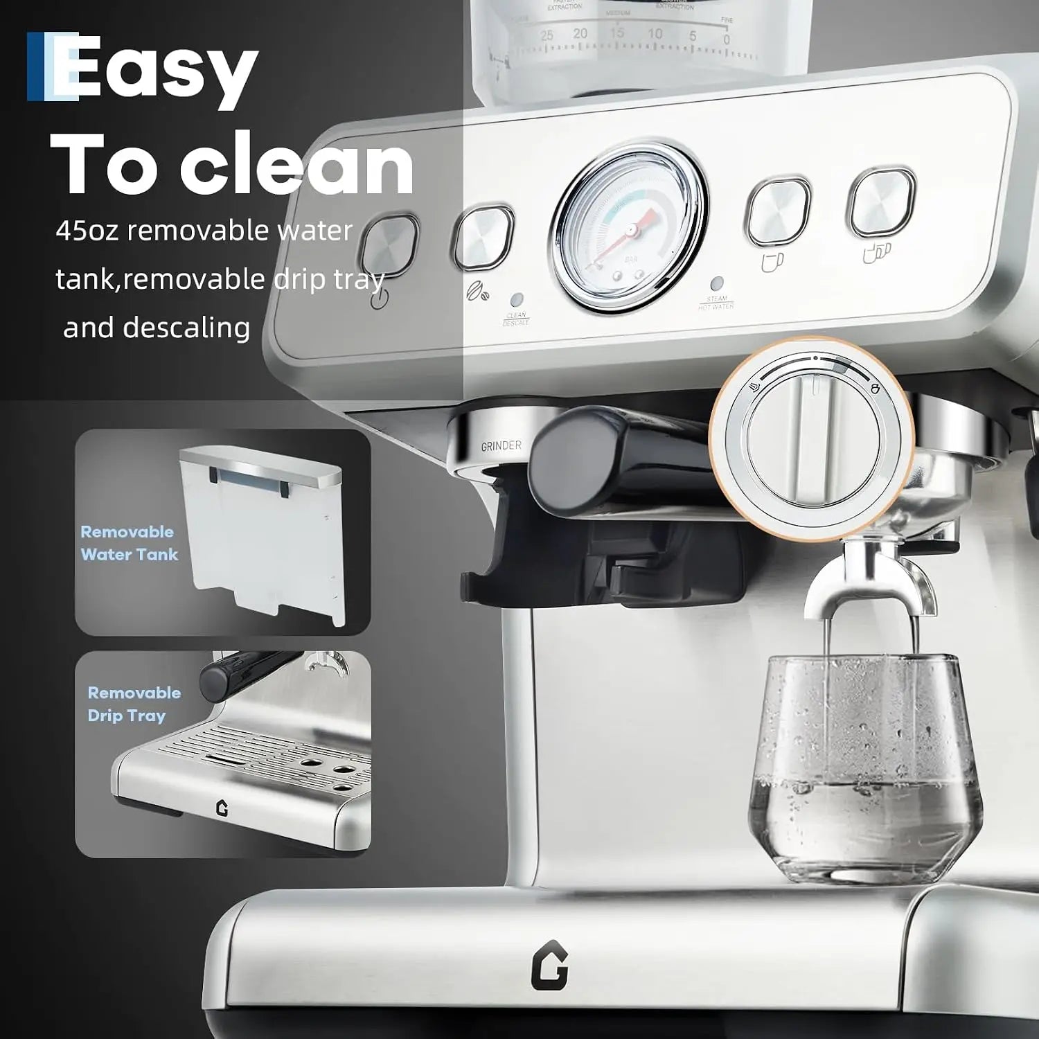 Coffee machine with conical burr grinder – 20 Bar pressure, 30 grind settings, 2.8L water tank, steam wand for milk...