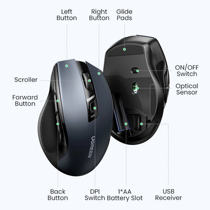 UGREEN Wireless Mouse Bluetooth5.0 Mouse Ergonomic 4000DPI 6 Mute Buttons Mouse For MacBook Tablet Laptops Computer PC 2.4G Mice - Kimlud