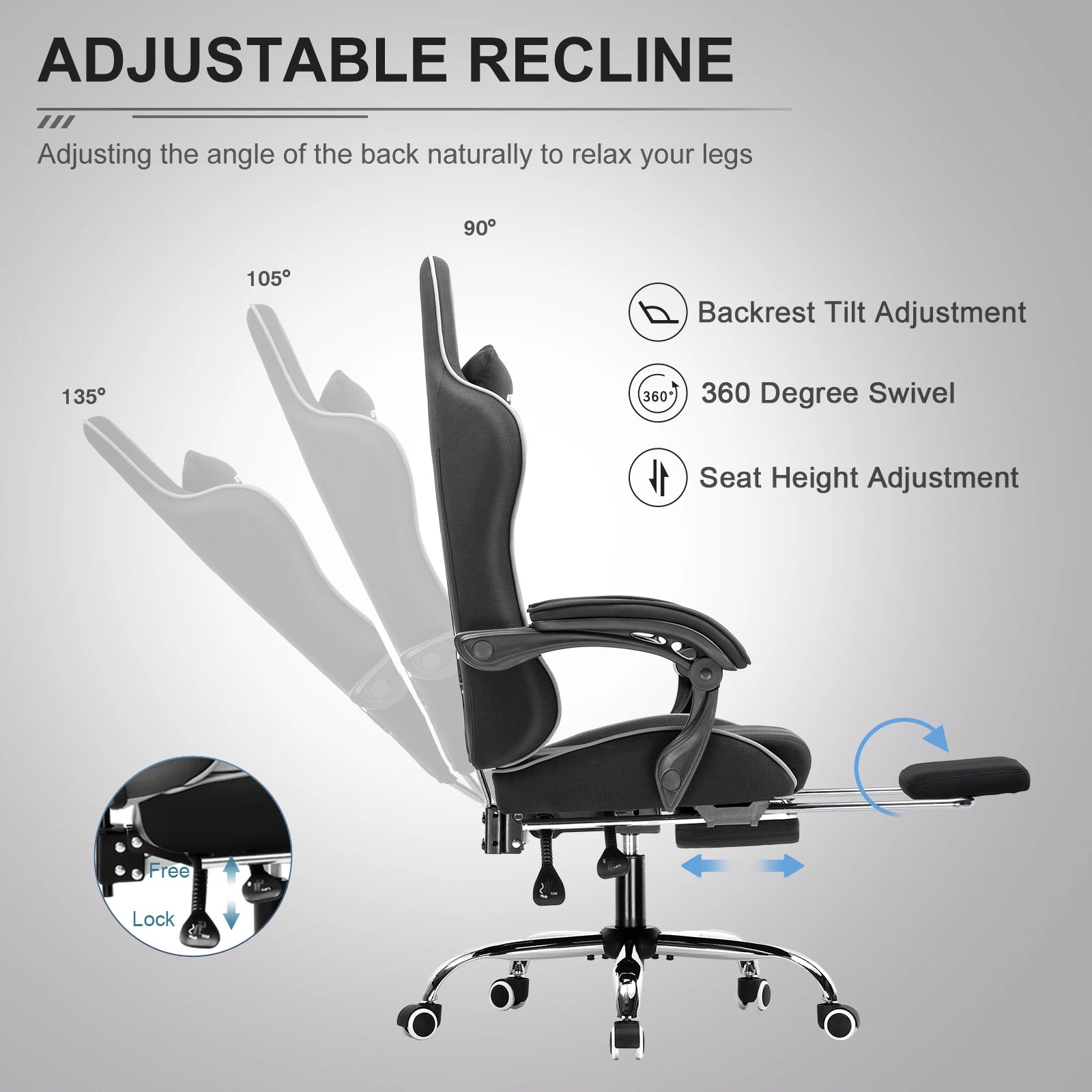 GTPLAYER Gaming Chair with Footrest, Lumbar Support, Adjustable Height, Swivel, Headrest for Office/Gaming | Kimlud...