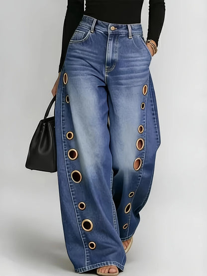 Retro-style wide-leg jeans with metallic eyelets, high-waisted, loose, floor-length fit, gradient eyelets of varying...