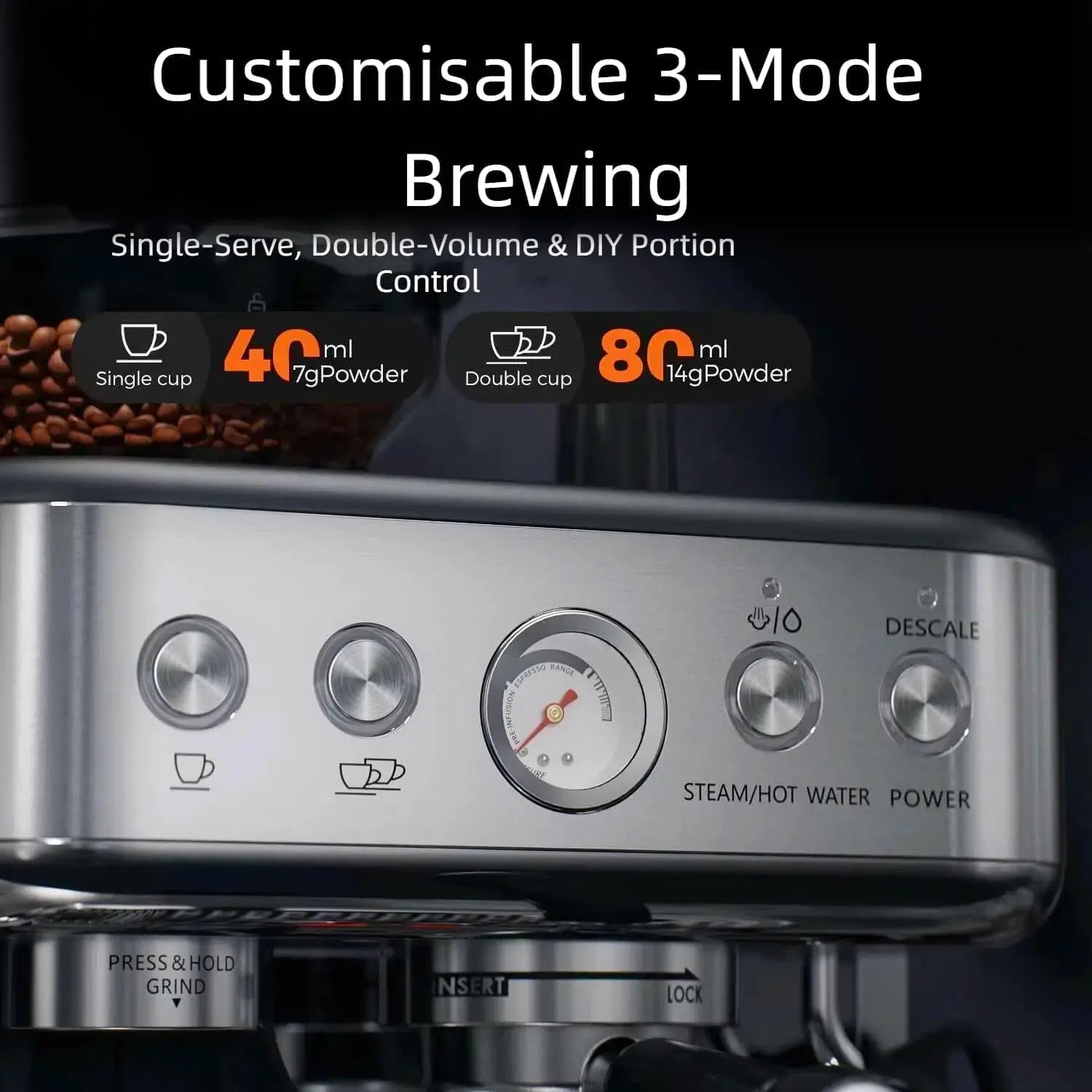 Towallmark espresso machine with grinder, 15 bar, PID control, 250g bean hopper, 360° steam wand, 2.3 L water tank,...