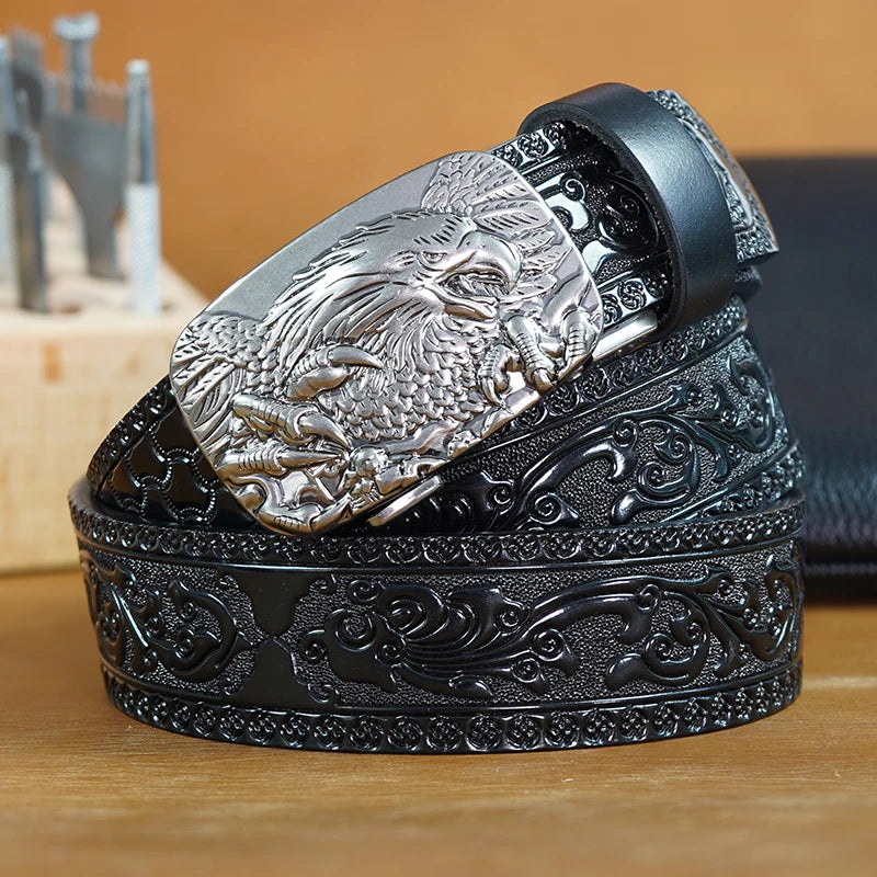 1pc Men's Second Layer Cowhide Belt featuring Eagle Automatic Buckle, Retro Carved Design, Stylish Jeans Belt