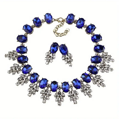 Best Lady Geometric Rhinestone Necklace & Short Glass Earrings Stitching Decorative Neck Chain Dress Jewelry Set