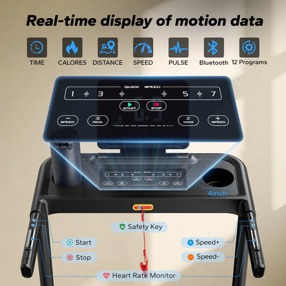 MERACH Foldable Treadmill T12 Incline Quiet Treadmills Double Deck Technology 4 Silicone Shock Cushion Heart Rate Monitoring - Kimlud
