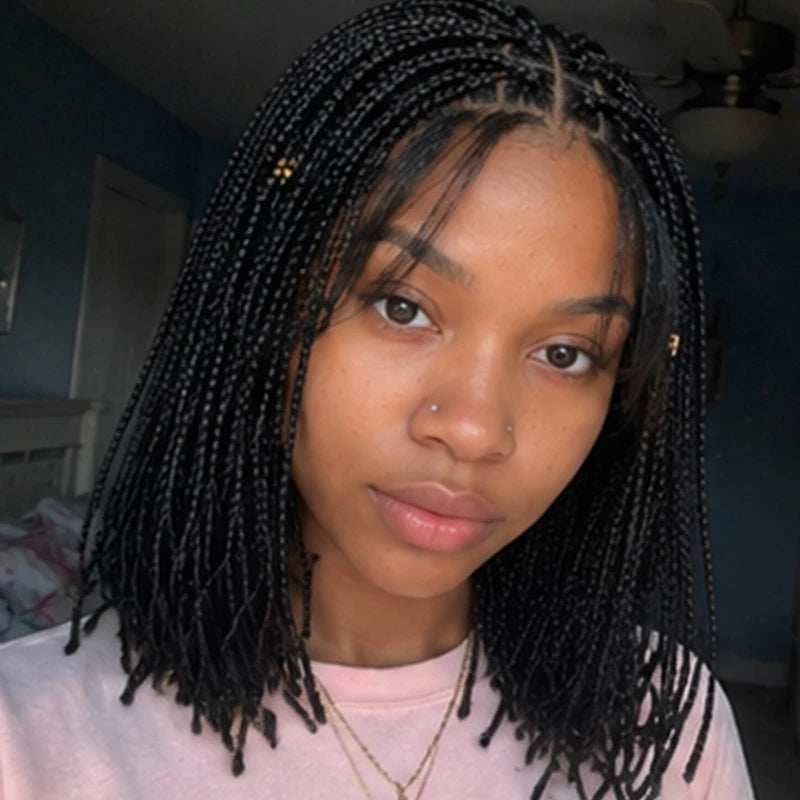 12" Short Braided Lace Front Wigs for Black Women Shoulder Length Bob Box Braids Synthetic Wig Heat Resistant with Baby Hair