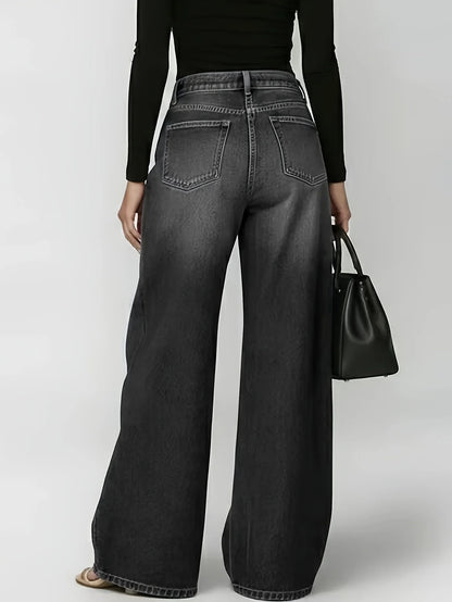 Retro-style wide-leg jeans with metallic eyelets, high-waisted, loose, floor-length fit, gradient eyelets of varying...