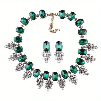 Best Lady Geometric Rhinestone Necklace & Short Glass Earrings Stitching Decorative Neck Chain Dress Jewelry Set