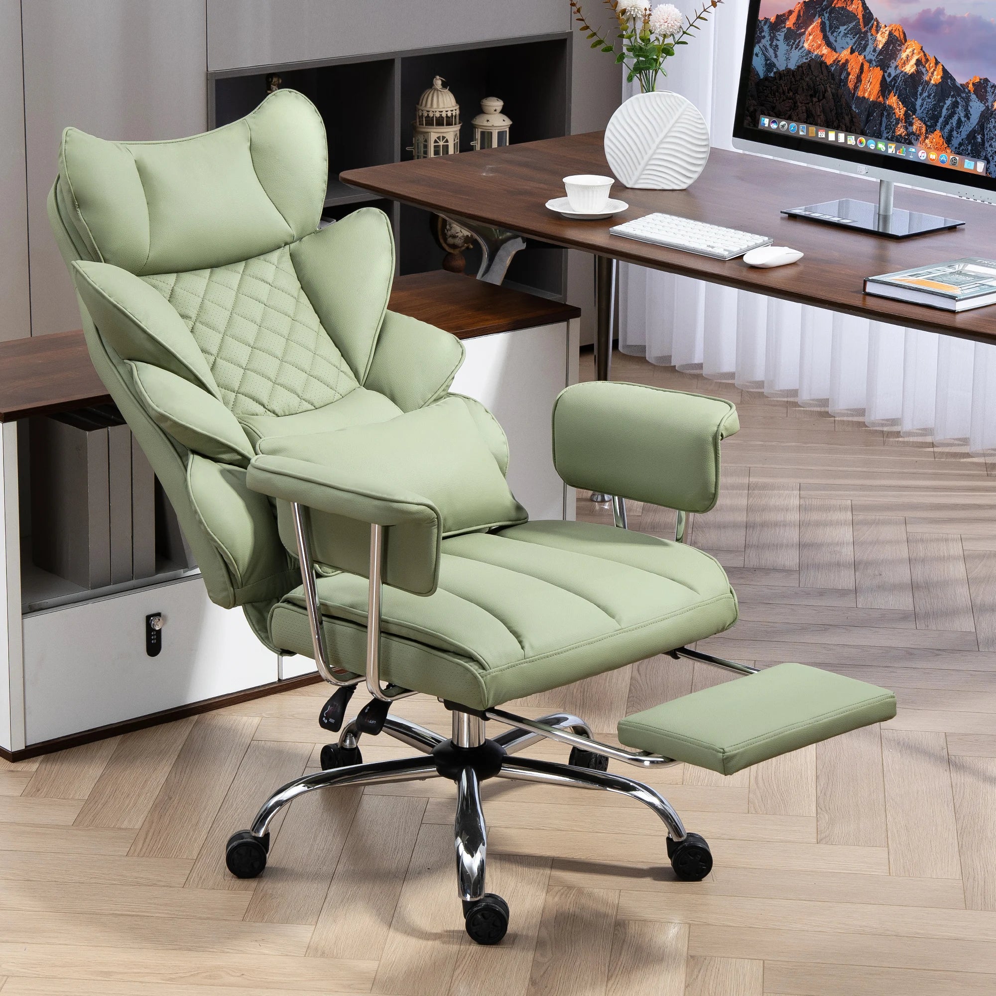 Adjustable executive chair, comfortable real leather gaming chair, height adjustable swivel chair with footrest (green)...