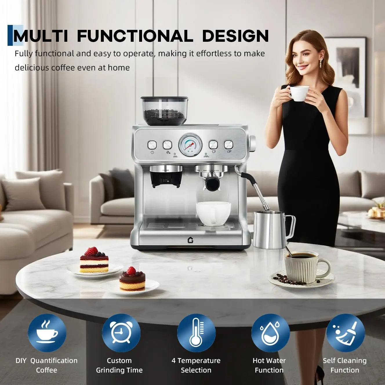 Coffee machine with conical burr grinder – 20 Bar pressure, 30 grind settings, 2.8L water tank, steam wand for milk...