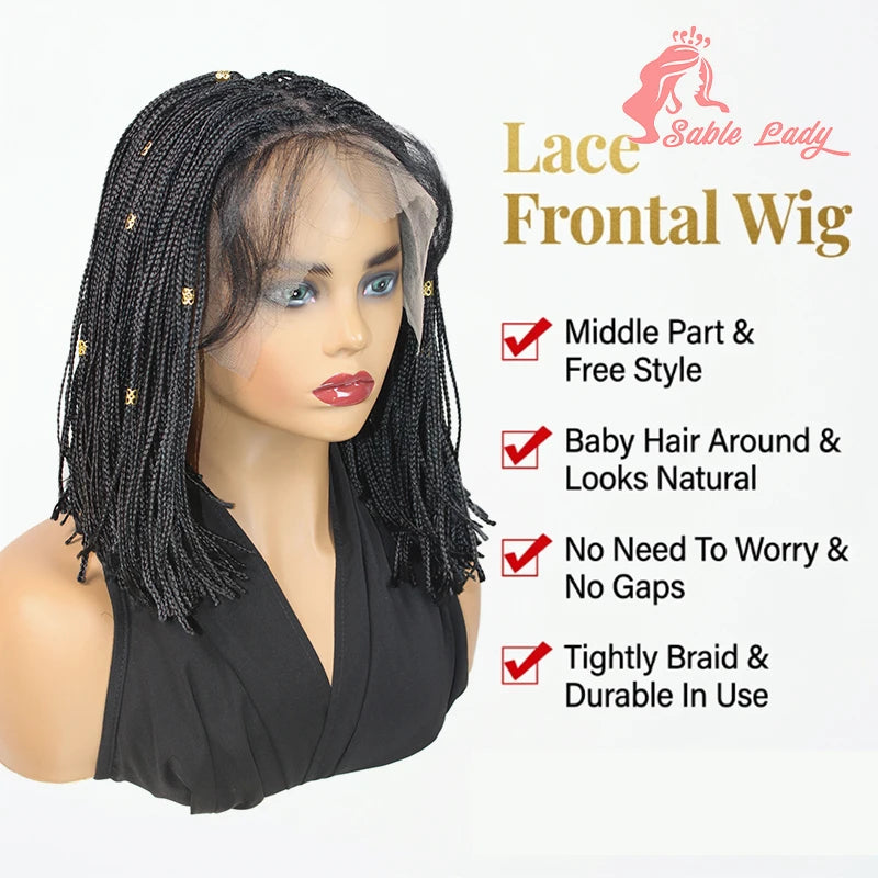 12" Short Braided Lace Front Wigs for Black Women Shoulder Length Bob Box Braids Synthetic Wig Heat Resistant with Baby Hair
