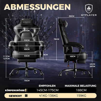 GTPLAYER Gaming Chair with Footrest, Gamer Armchair Height-Adjustable, 200 kg Load Capacity, Adjustable Armrests, Lumbar...
