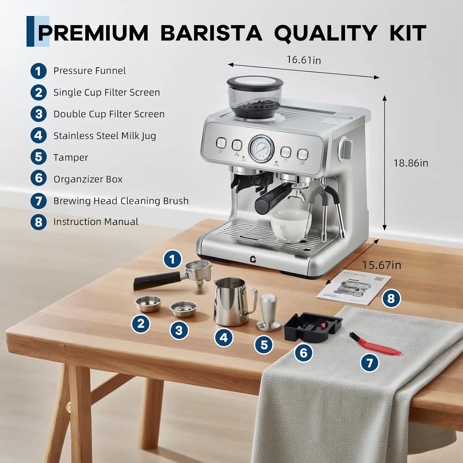 Coffee machine with conical burr grinder – 20 Bar pressure, 30 grind settings, 2.8L water tank, steam wand for milk...