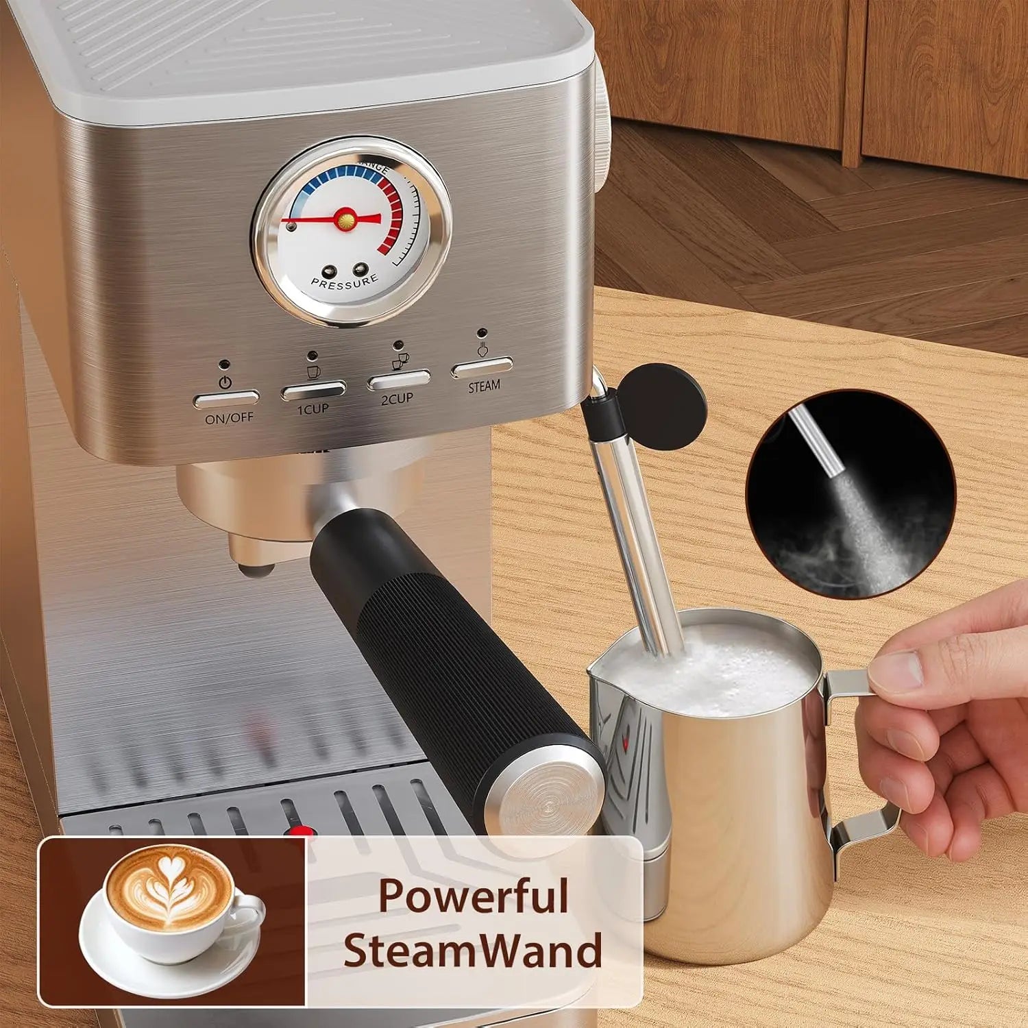 Express espresso machine, compact, 1300 W, semi-automatic, for 1-2 cups, removable water tank, milk frother, pressure...