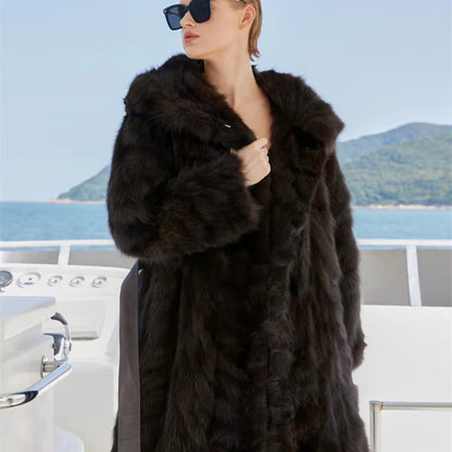 Noble Women's Black Sable Mink Fur Coat with Hood Woven Design