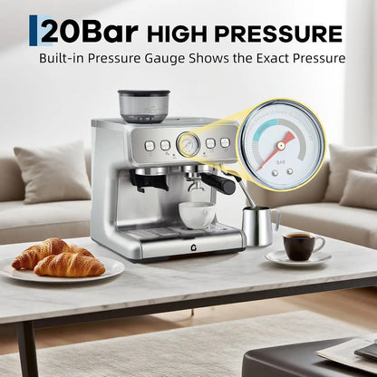 Coffee machine with conical burr grinder – 20 Bar pressure, 30 grind settings, 2.8L water tank, steam wand for milk...