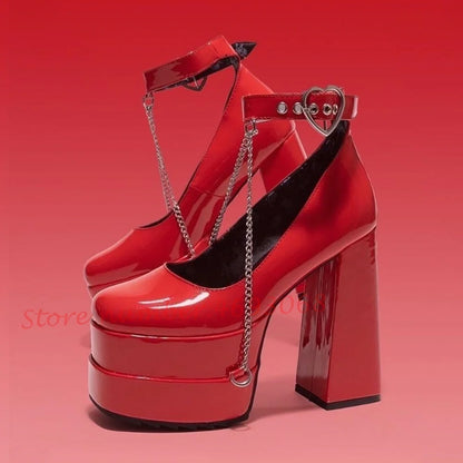 Heart Buckle Platform Chunky Heels Sandals Women Metal Chain Lovely Round Toe Girl's Shoes Luxury Party Summer Dress Sandals - Kimlud