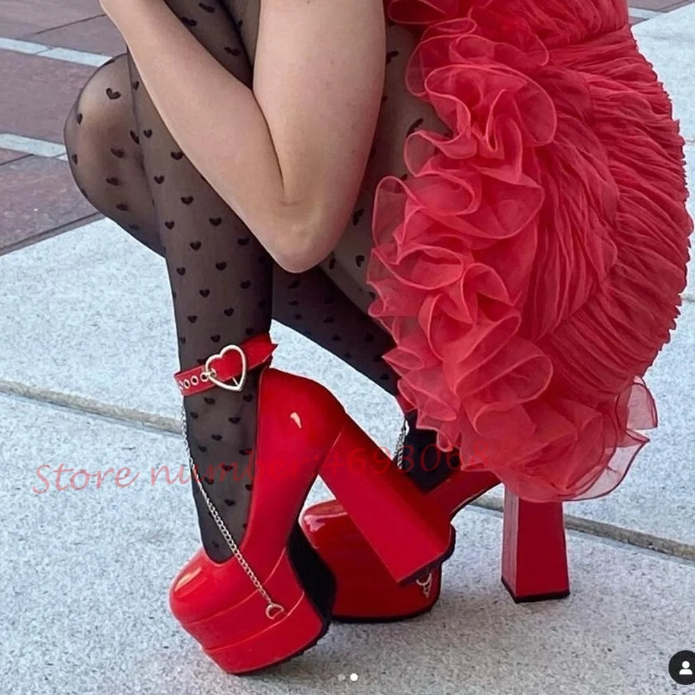 Heart Buckle Platform Chunky Heels Sandals Women Metal Chain Lovely Round Toe Girl's Shoes Luxury Party Summer Dress Sandals - Kimlud