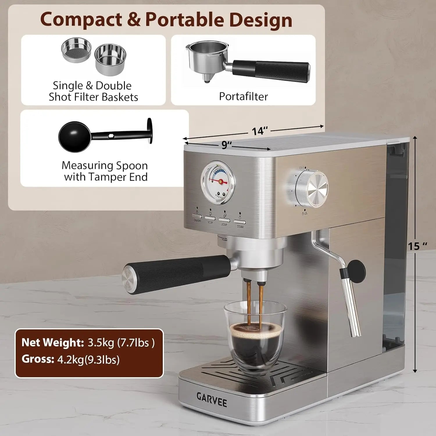 Express espresso machine, compact, 1300 W, semi-automatic, for 1-2 cups, removable water tank, milk frother, pressure...