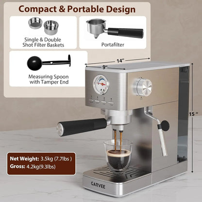 Express espresso machine, compact, 1300 W, semi-automatic, for 1-2 cups, removable water tank, milk frother, pressure...