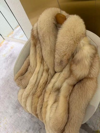 26SS Women Beige Fluffy Faux Fur Long Coat Wide Lapel Luxury Warm Winter Outerwear