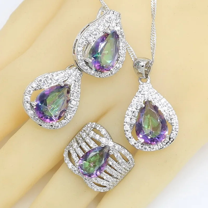 925 Stamp Jewelry Sets For Women Multi Color Rainbow Zircon Bracelet Hoop Earrings Rings Necklace Pendant Wedding Gift Box