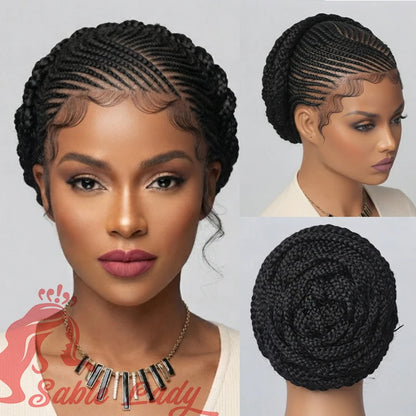 Goddess Crown Braided Wig Updo Stitch Cornrow Braids Wig HD Lace Front Glueless Braided Wigs With Bun For Black Women Baby Hair