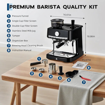 HiMISS 15 Bar Espresso Machine with Milk Frother and Grinder, 30 grind setting, Cappuccino & Espresso Coffee Maker |...
