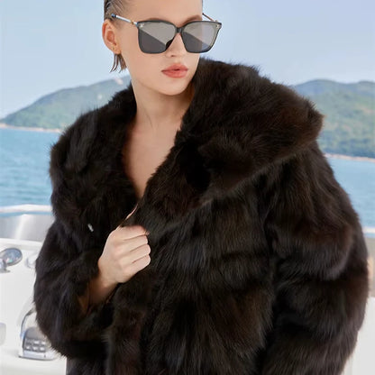 Noble Women's Black Sable Mink Fur Coat with Hood Woven Design